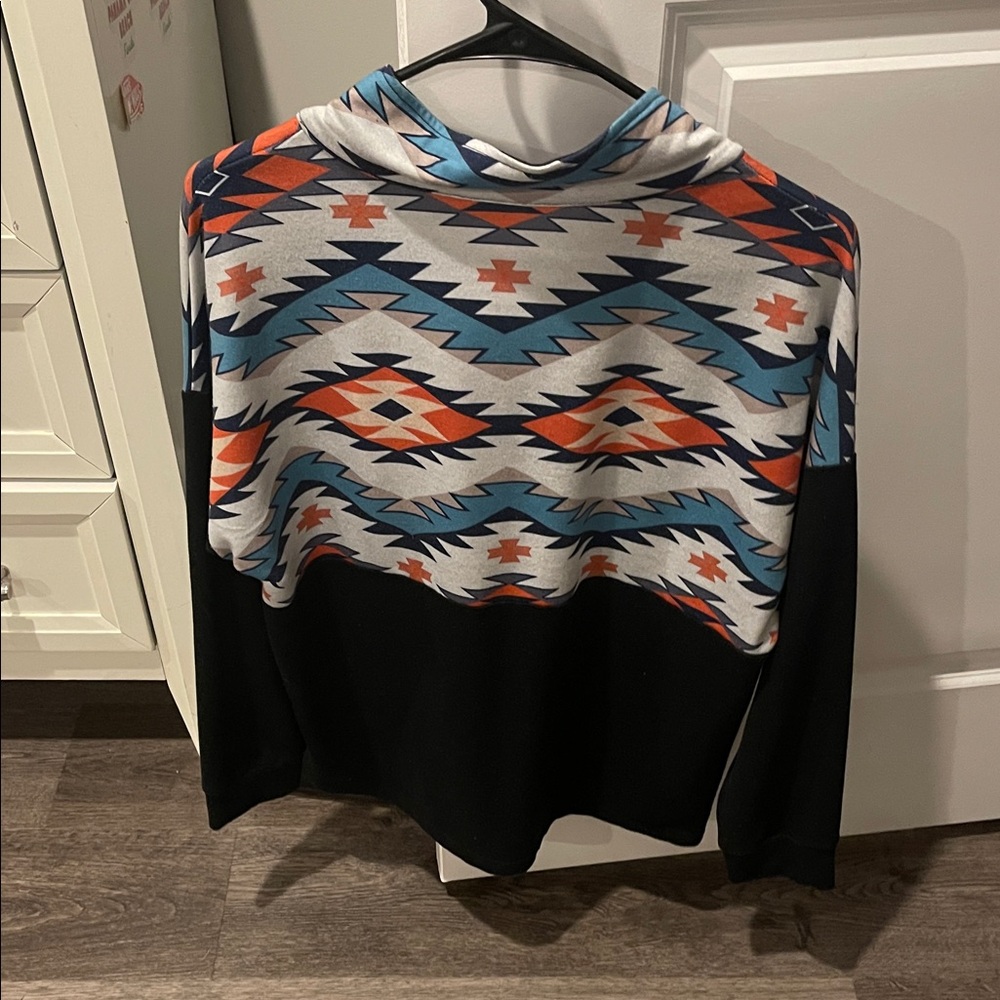 Half-Zip Geometric Print Pullover - Black With Bl… - image 2